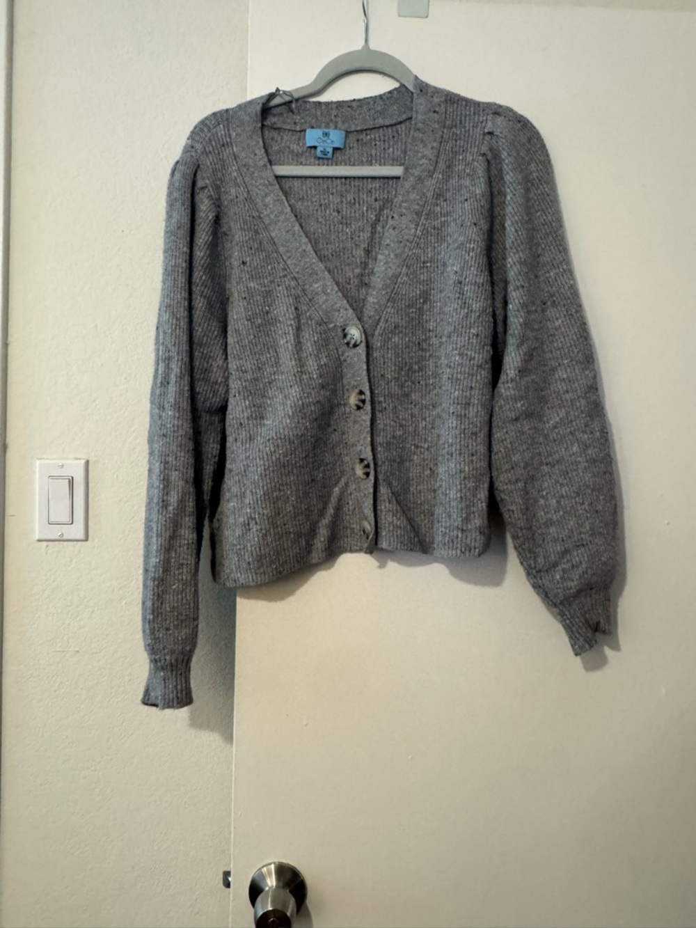 CeCe Gray Ribbed V-Neck Button Cardigan Sweater